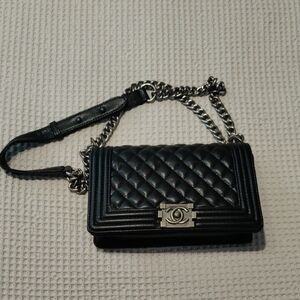 CHANEL Black Quilted Leather Chain Boy Bag